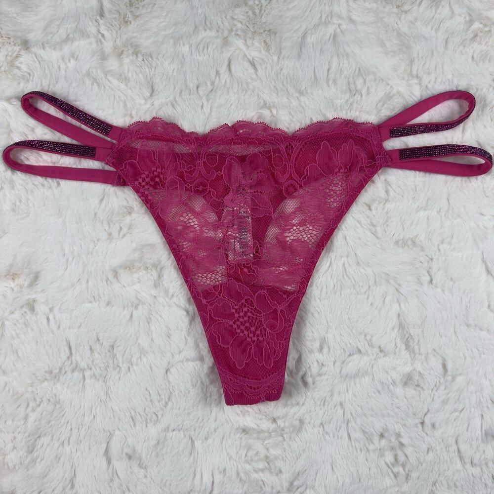 Victoria’s Secret Very Sexy Double Strap Thong Pink Lace Shiny‎ Straps Sz.M NWT